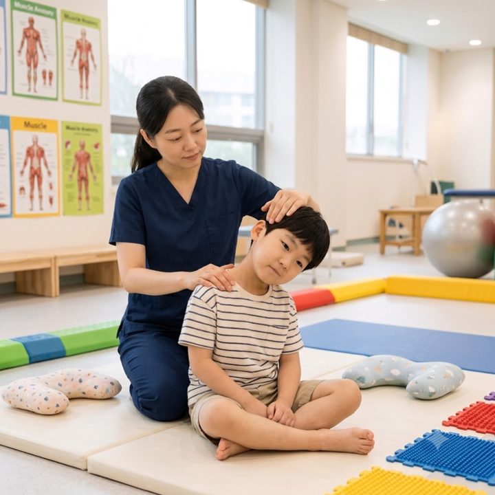 치료사가 아이의 목 정렬을 확인하는 장면